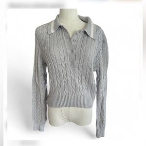 Y2K Charlotte Russe Cable-Knit Polo Sweater - Light Gray size L